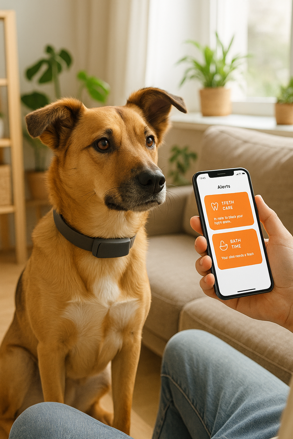Persona mostrando alertas en la app junto a su perro